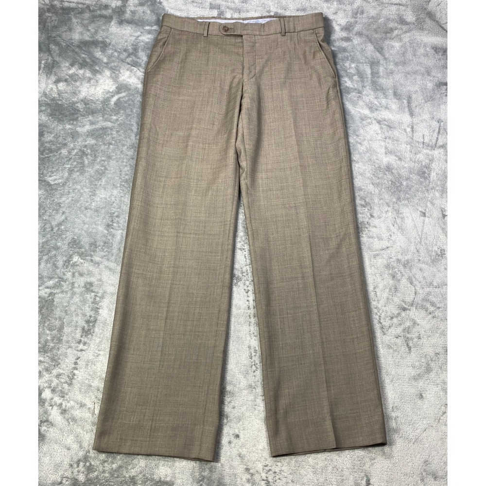 Neiman Marcus Dress Pants 34x32 Beige Sharkskin Super 120s Wool Straight Wide
